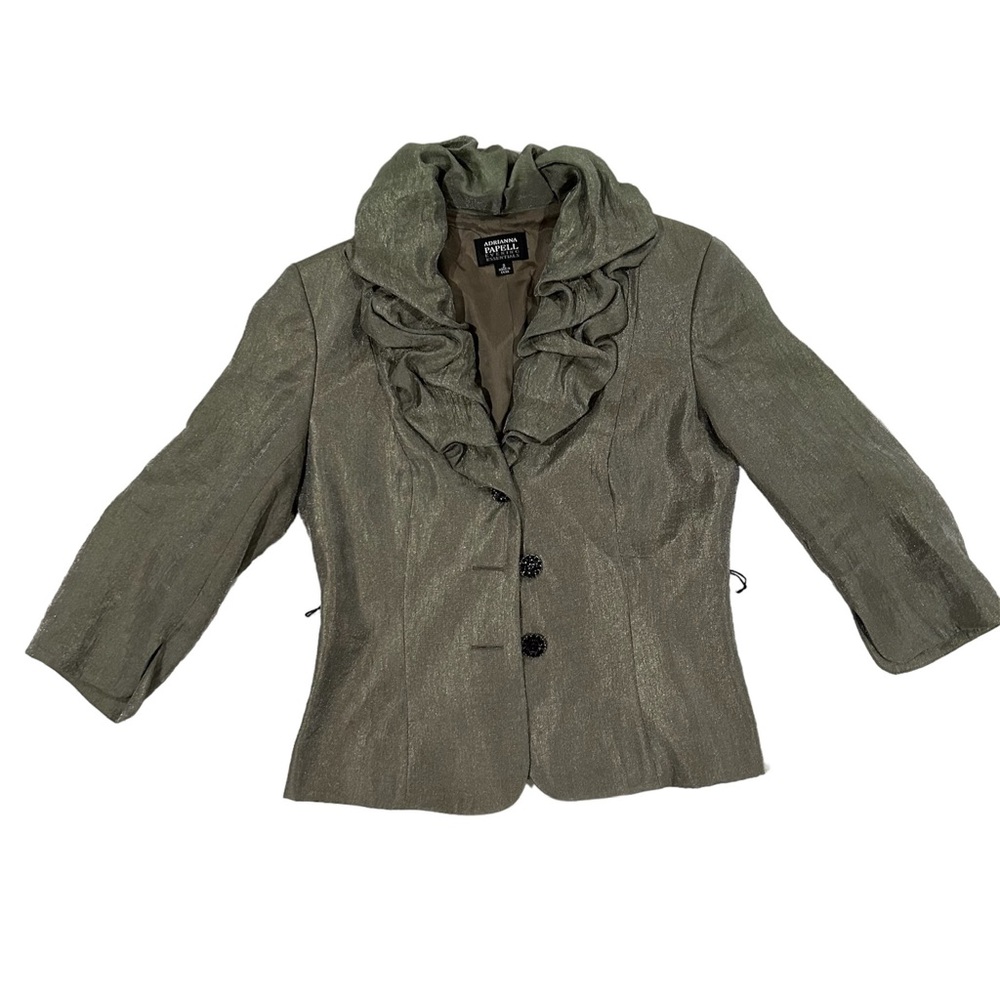 Adrianna Papell Women Gray 3/4 Sleeve Ruffle Single-Breasted Blazer Coat Size 2